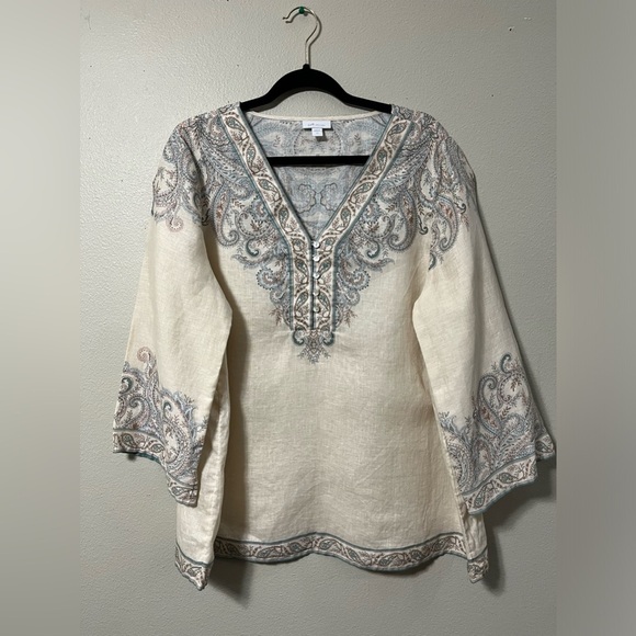 J.Jill Linen Ornate Paisley Tunic Top V Neck Paisley 3/4 Sleeves Size L tall - Picture 1 of 11